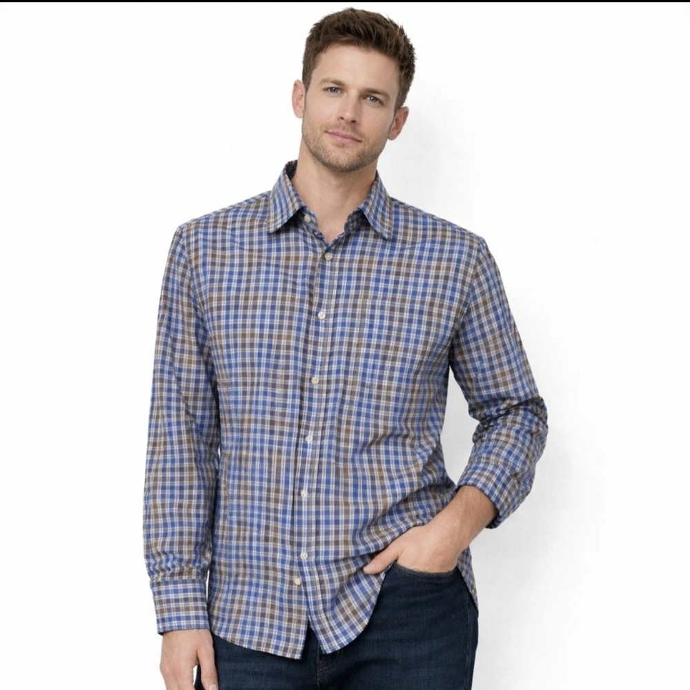 Paul & Shark Yachting Italy Men’s Medium Plaid Button Down  Blue Brown 100%